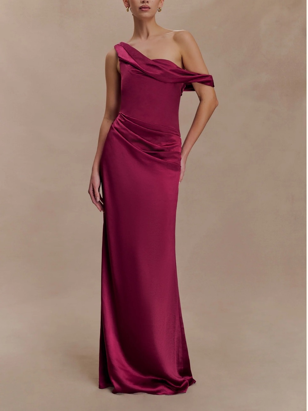 NWT Meshki One-Shoulder Satin Maxi Dress in Mahogany